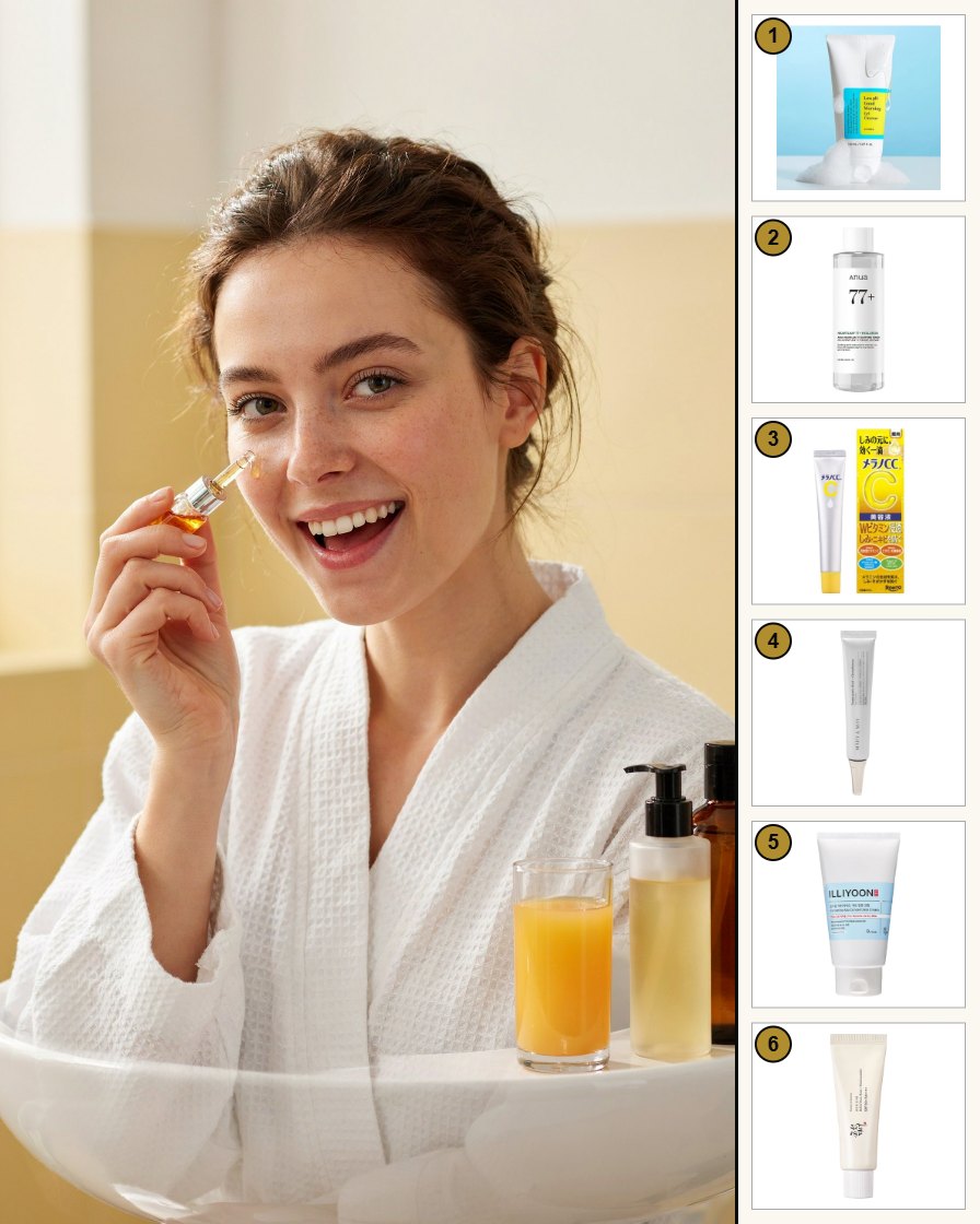 Junge Frau lächelt im sonnigen Bad und trägt eine Vitamin-C-Essenz auf, rechts die Produkte des Sets