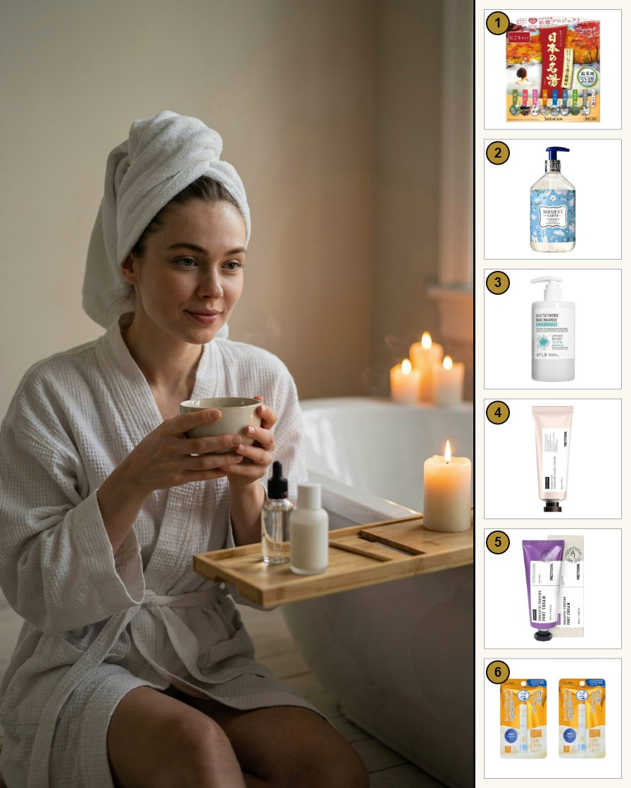 Junge Frau im Bademantel mit Tee und Kerzen bei einem gemütlichen Wohlfühl-Abend, rechts die Produkte des Sets