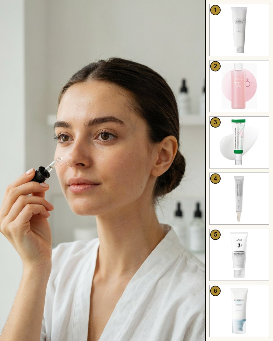 Junge Frau mit klarer Haut trägt im Morgenlicht ein Serum auf, rechts die Produkte des Sets