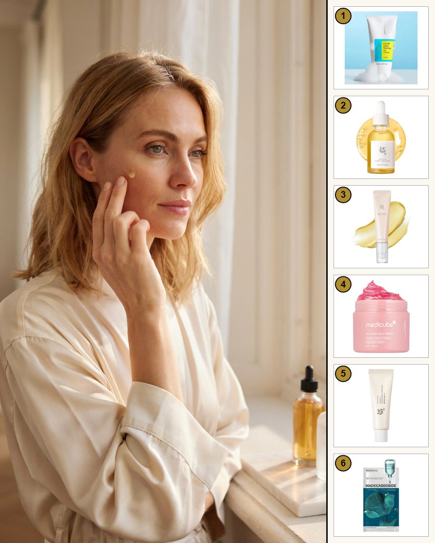 Frau Anfang dreißig mit strahlender Haut trägt am Fenster ein Serum auf, rechts die Produkte des Sets