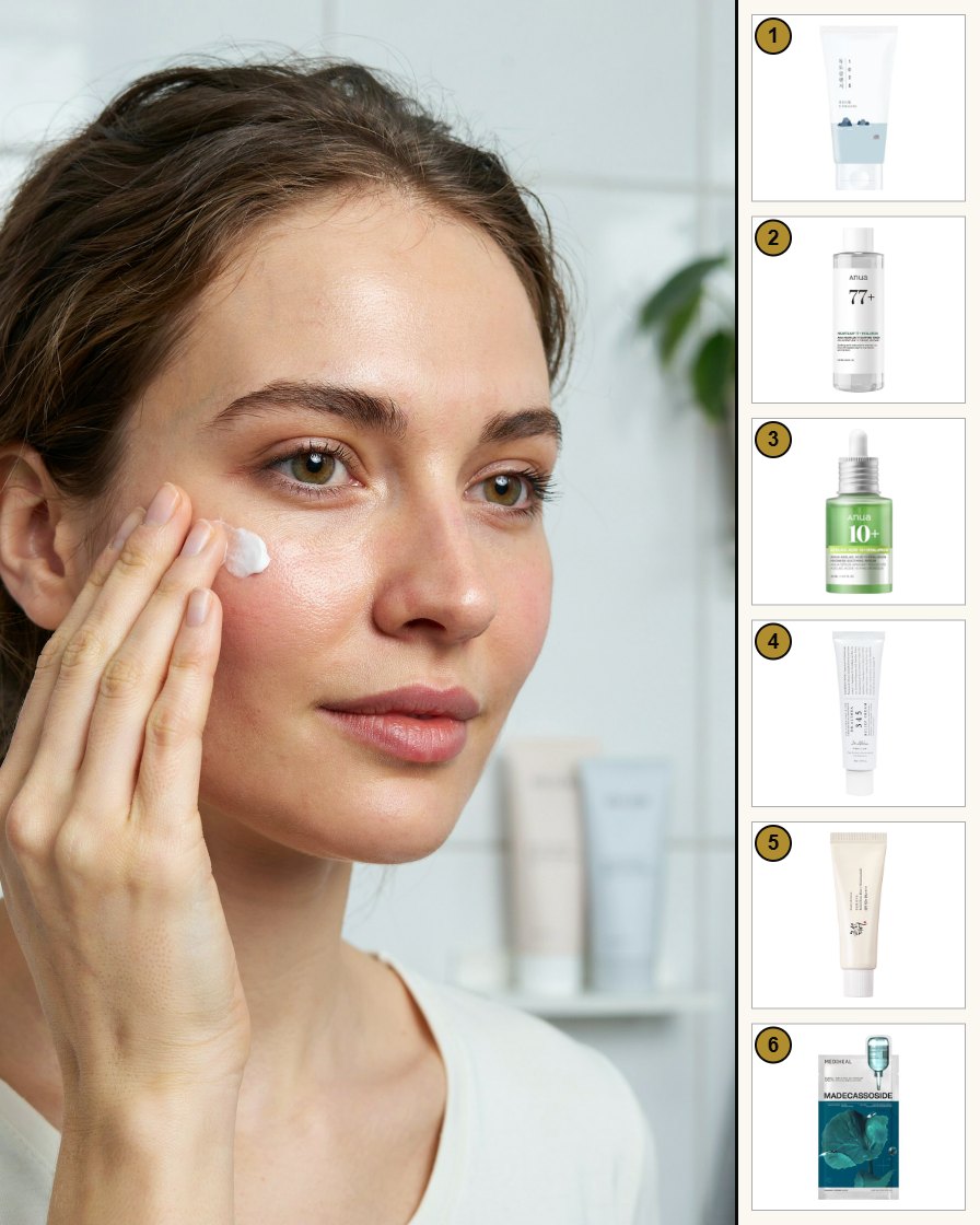 Junge Frau mit leicht geröteten Wangen trägt im Bad eine beruhigende Creme auf, rechts die Produkte des Sets