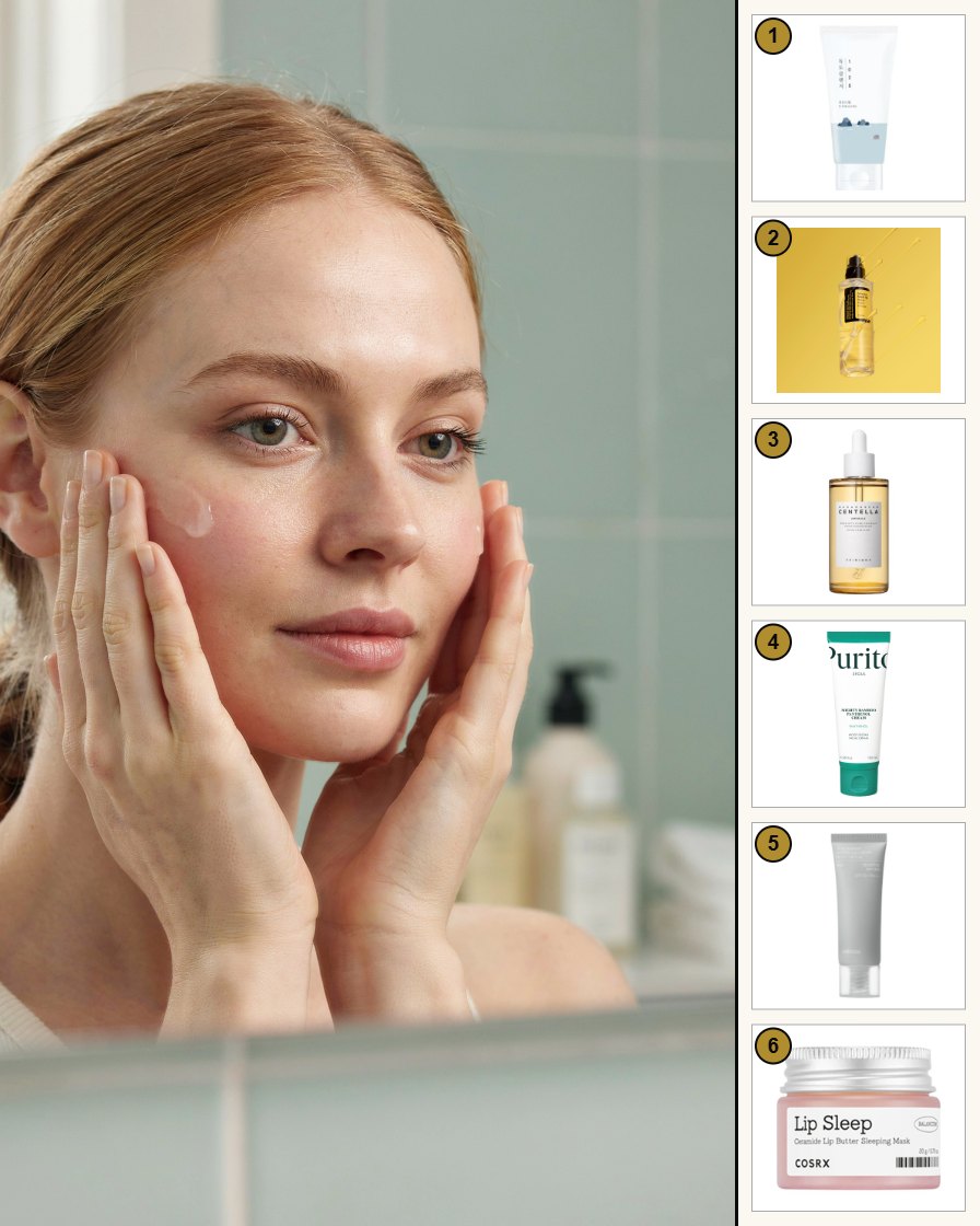 Junge Frau tupft im ruhigen, hellen Bad eine Essenz sanft auf die Wangen, rechts die Produkte des Sets