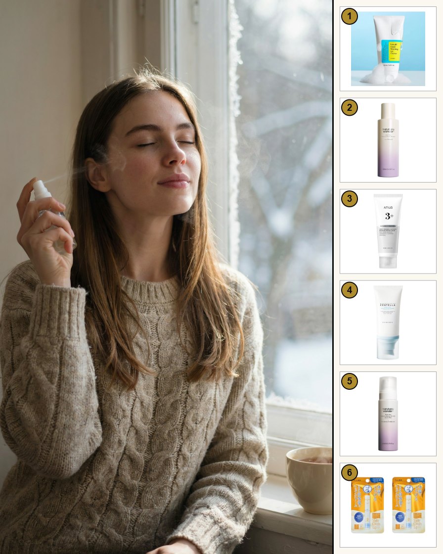Junge Frau im Strickpullover sprüht sich am Fenster an einem Wintertag Gesichtsnebel auf, rechts die Produkte des Sets