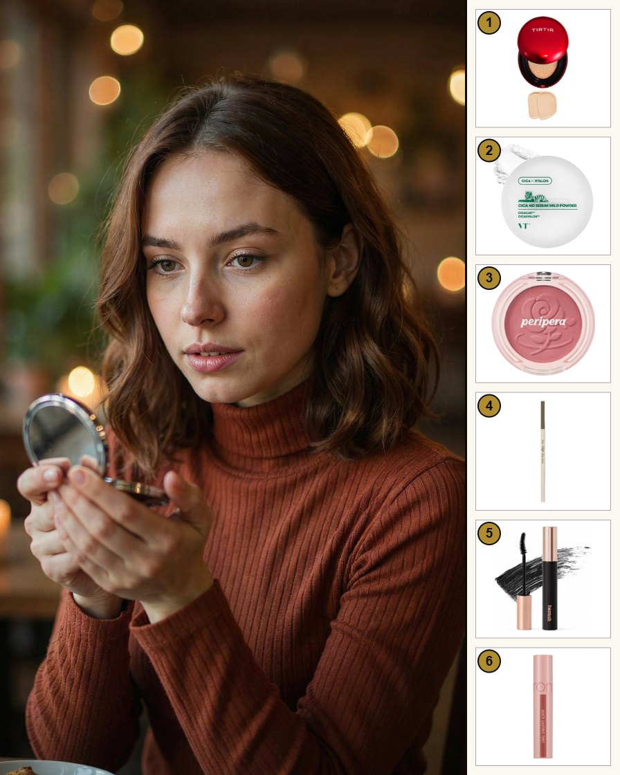 Junge Frau mit warmem Herbst-Make-up und braunroten Lippen im Café bei Kerzenlicht, rechts die Produkte des Sets