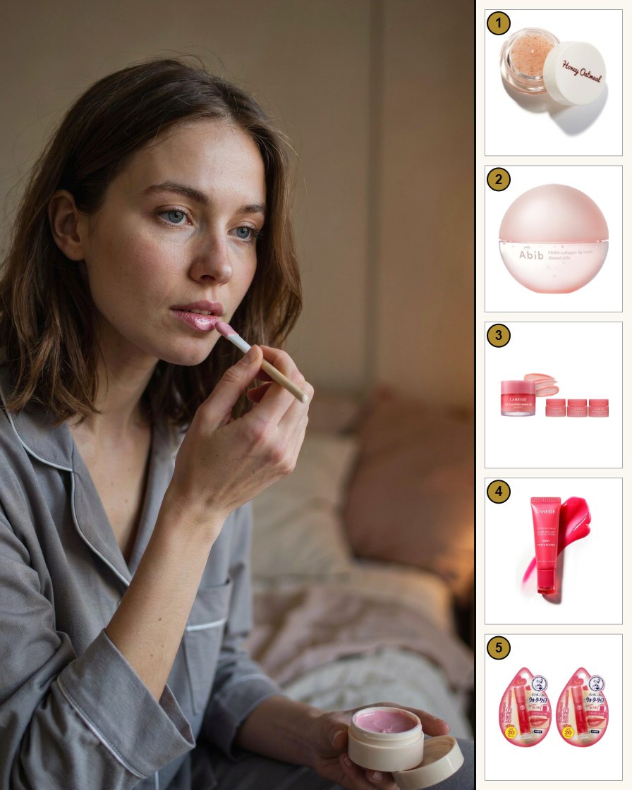 Junge Frau trägt am Abend eine Lippenmaske auf, gemütliches Schlafzimmerlicht, rechts die Produkte des Sets