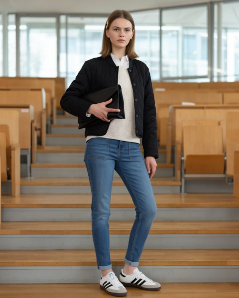 Junge Frau in Steppjacke, Strickpullover und Jeans auf der Treppe eines Hörsaals