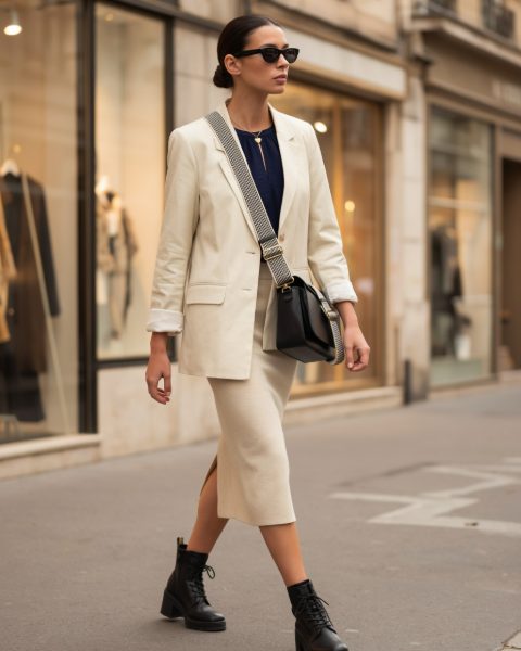 Junge Frau in hellem Blazer und Midirock auf einem Boulevard