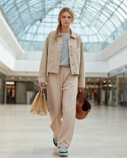 Junge Frau in Cordjacke und weiter Hose in einer Einkaufspassage