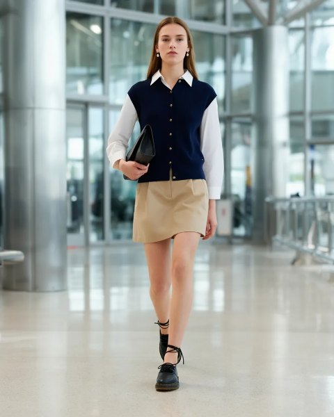 Junge Frau im Preppy-Look mit Hemd, Strickweste und Faltenrock