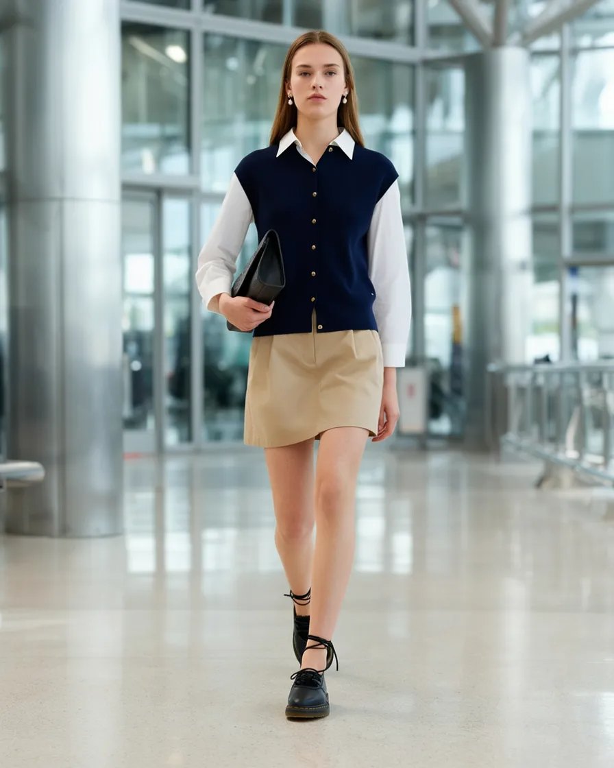 Junge Frau im Preppy-Look mit Hemd, Strickweste und Faltenrock