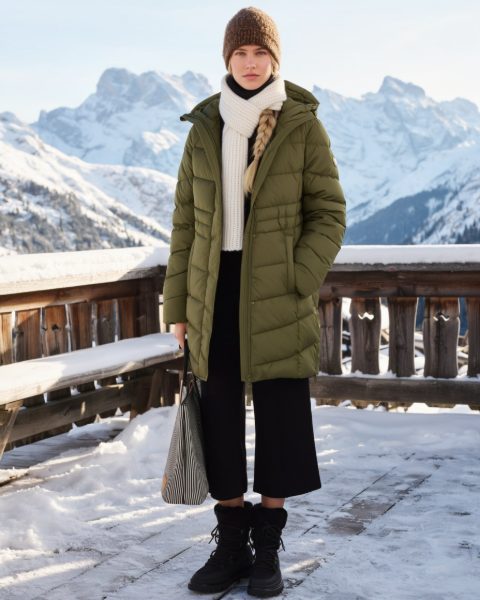 Junge Frau in Pufferjacke und Schneestiefeln auf einer Hüttenterrasse