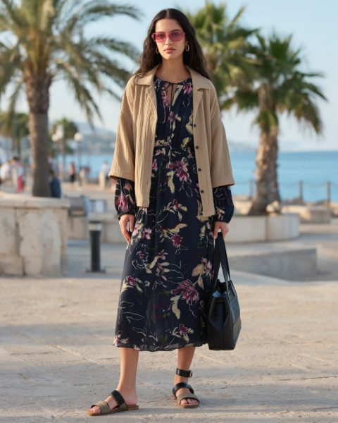Junge Frau in Maxikleid und offener Bluse an einer Strandpromenade