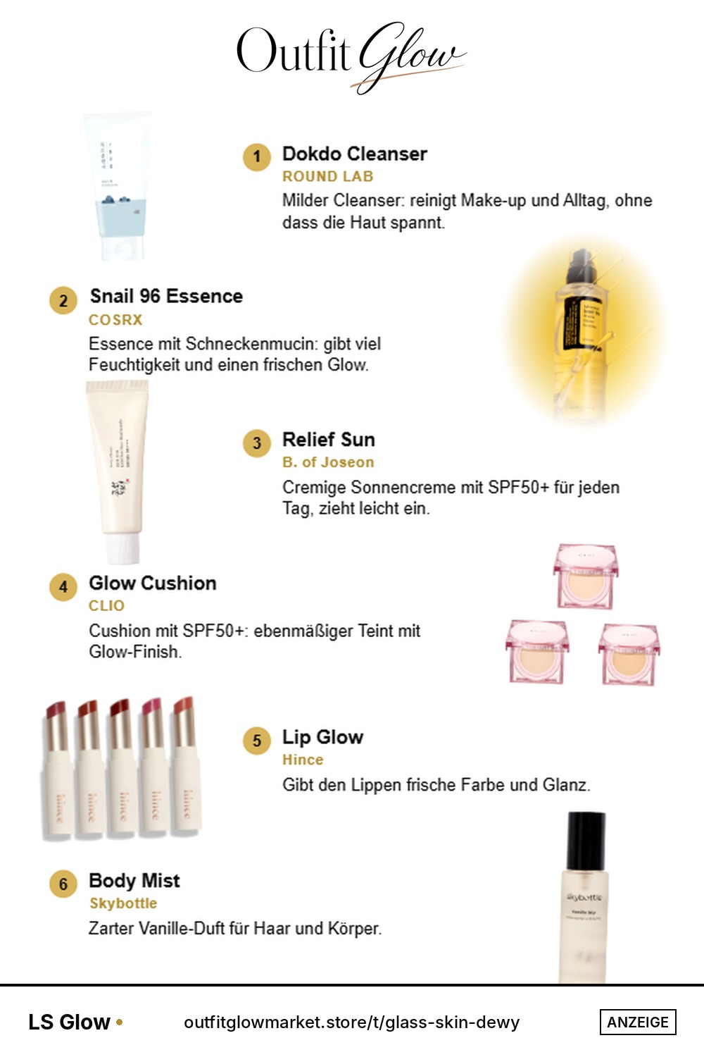 Glass Skin: Dewy Clean Girl – Kollage mit 6 Beauty-Produkten