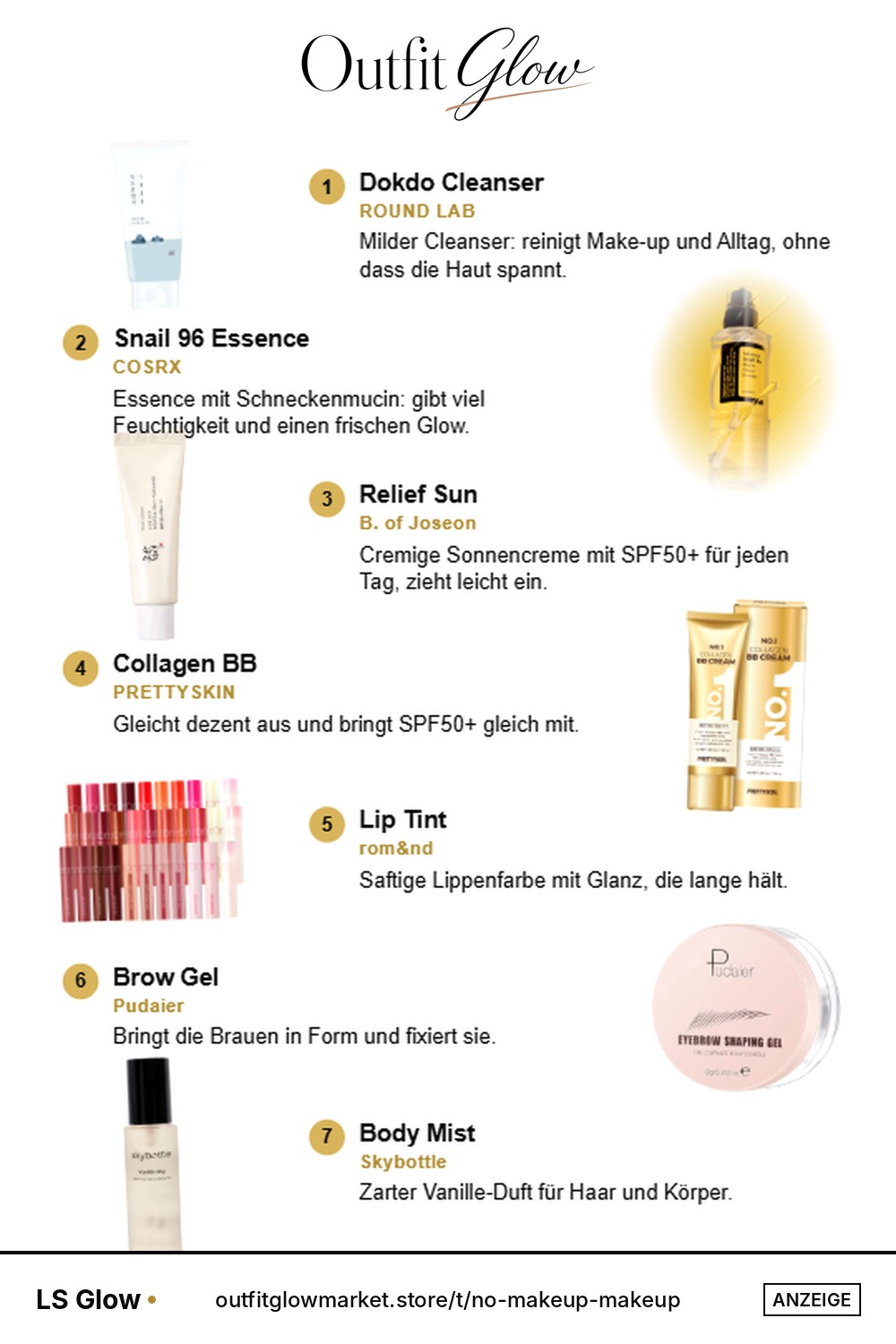No-Makeup Makeup: Minimalist Natural – Kollage mit 7 Beauty-Produkten
